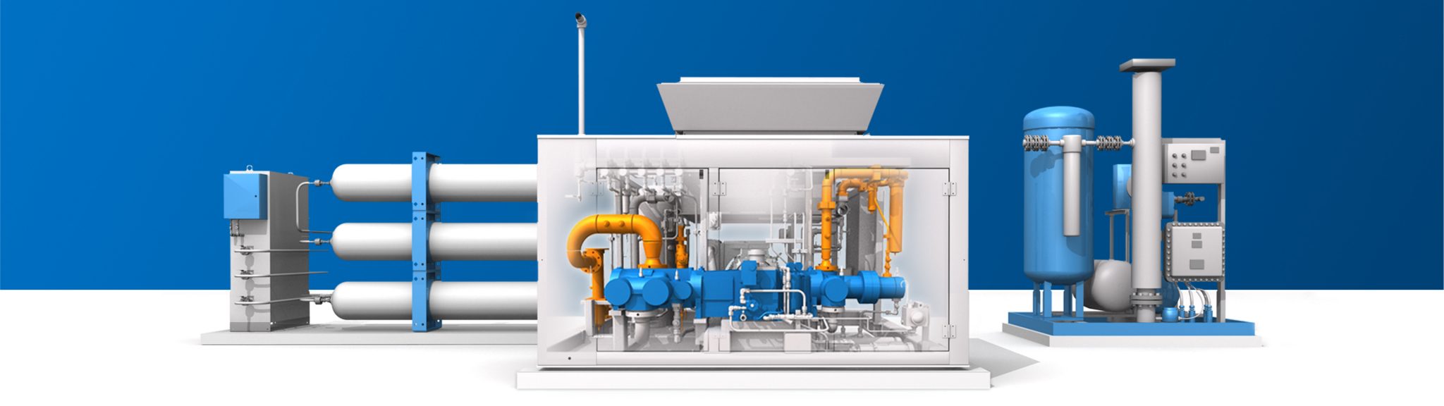 A rendering of a CNG Station, translucent to reveal an Ariel CNG Compressor within the station